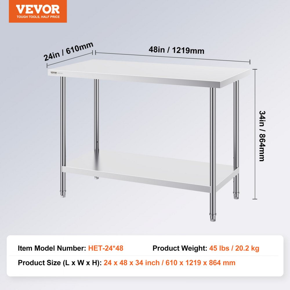 HET-24*48 - Adjustable Stainless Steel Prep Table 24" x 48" for Versatile Use