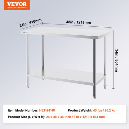 HET-24*48 - Adjustable Stainless Steel Prep Table 24" x 48" for Versatile Use