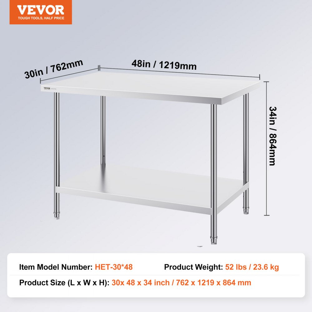 HET-30*48 - Adjustable Stainless Steel Prep Table for Home & Commercial Use