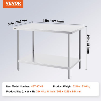 HET-30*48 - Adjustable Stainless Steel Prep Table for Home & Commercial Use