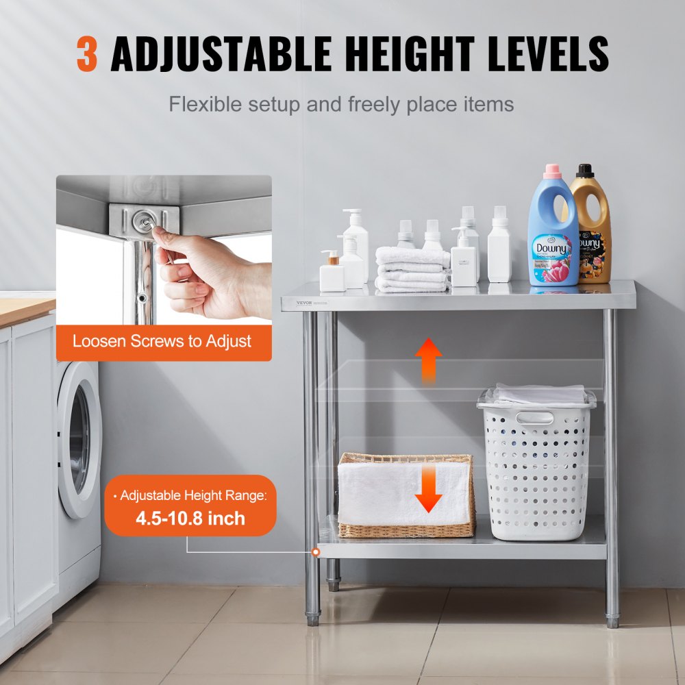 HET-24*36 - VEVOR 24x36” Stainless Steel Prep Table, Adjustable Height
