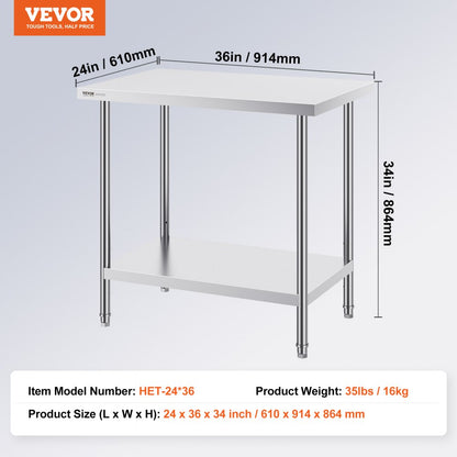HET-24*36 - VEVOR 24x36” Stainless Steel Prep Table, Adjustable Height