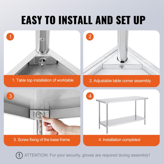HET-24*60 - Adjustable Height Stainless Steel Prep Table 24x60x34 Inches
