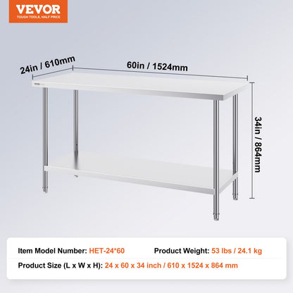 HET-24*60 - Adjustable Height Stainless Steel Prep Table 24x60x34 Inches