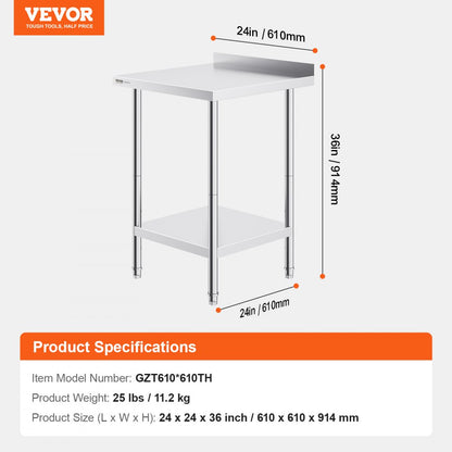 GZT610*610TH - Adjustable 24" Stainless Steel Work Table for Heavy-Duty Use