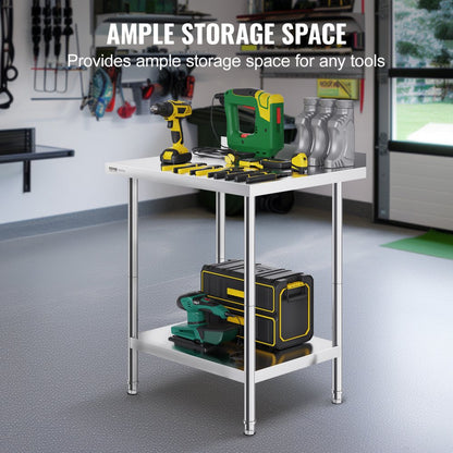 HET-24*30-L - Adjustable Stainless Steel Prep Table with Two-Tier Storage