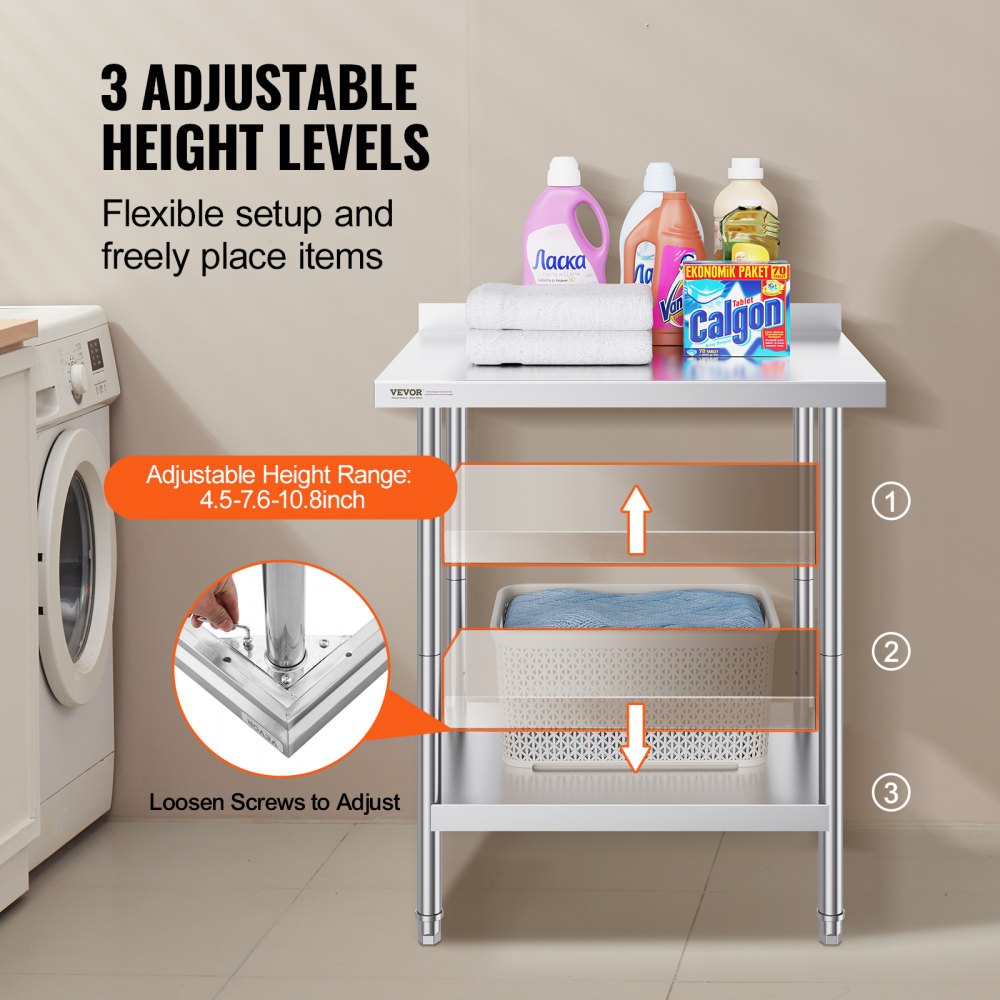 HET-24*30-L - Adjustable Stainless Steel Prep Table with Two-Tier Storage