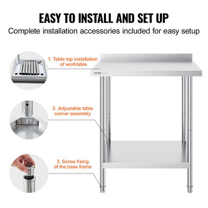 HET-24*30-L - Adjustable Stainless Steel Prep Table with Two-Tier Storage