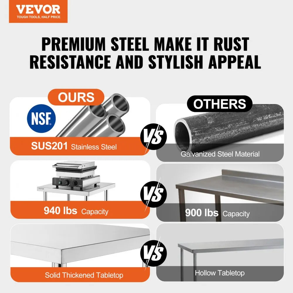 HET-24*72-L - Durable 24x72 Stainless Steel Table with Adjustable Height