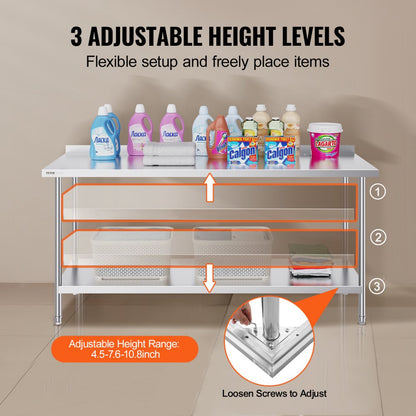 HET-24*72-L - Durable 24x72 Stainless Steel Table with Adjustable Height