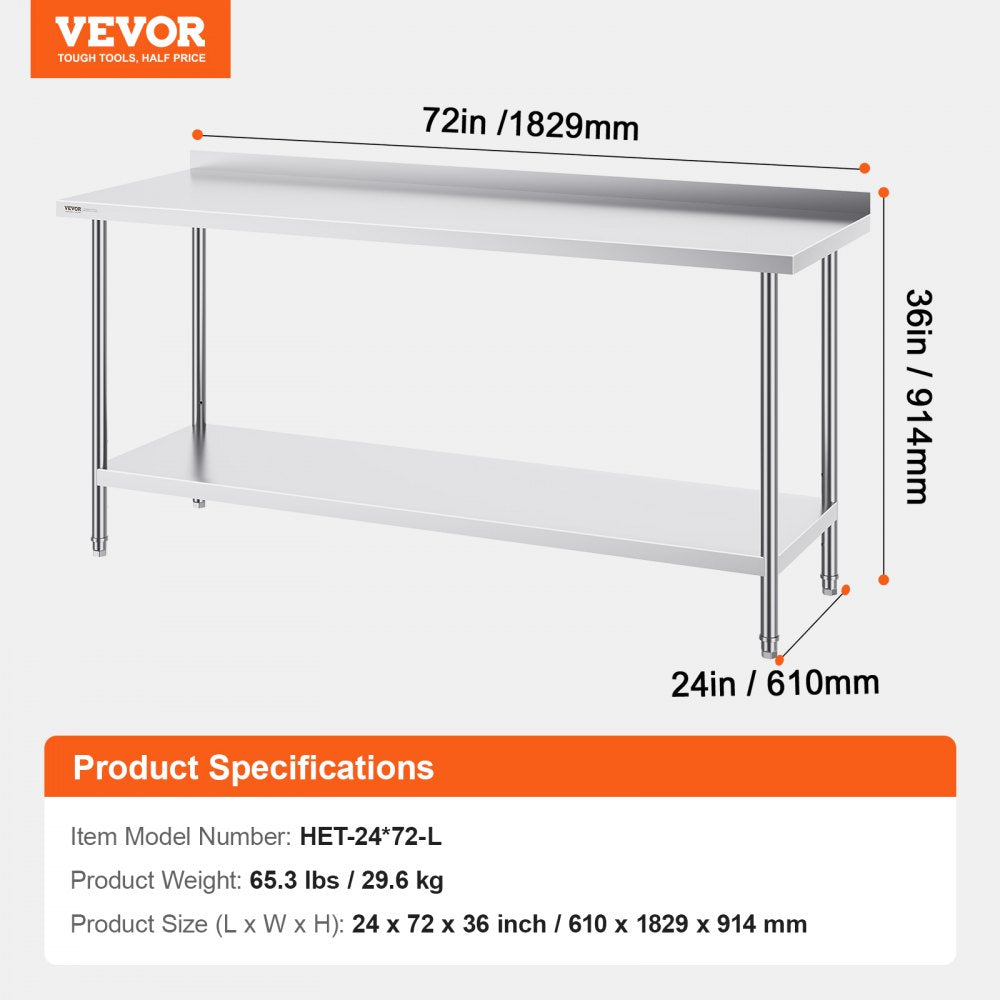 HET-24*72-L - Durable 24x72 Stainless Steel Table with Adjustable Height