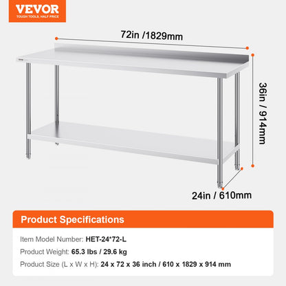 HET-24*72-L - Durable 24x72 Stainless Steel Table with Adjustable Height