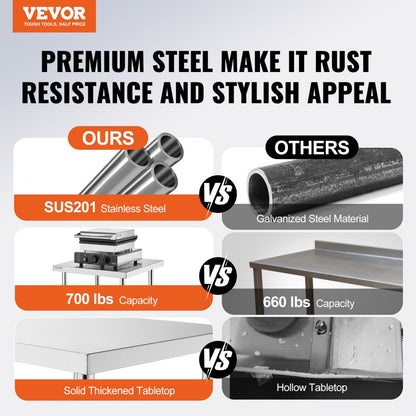HET-24*30 - Adjustable Stainless Steel Prep Table with Lower Shelf