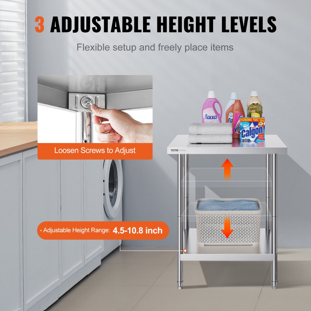 HET-24*30 - Adjustable Stainless Steel Prep Table with Lower Shelf