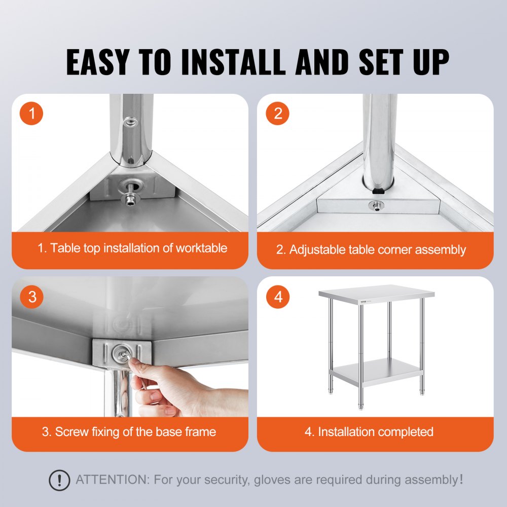 HET-24*30 - Adjustable Stainless Steel Prep Table with Lower Shelf