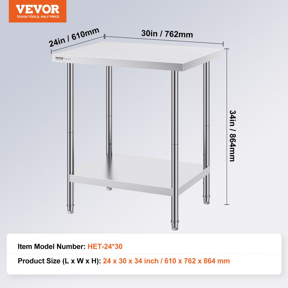 HET-24*30 - Adjustable Stainless Steel Prep Table with Lower Shelf