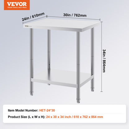 HET-24*30 - Adjustable Stainless Steel Prep Table with Lower Shelf