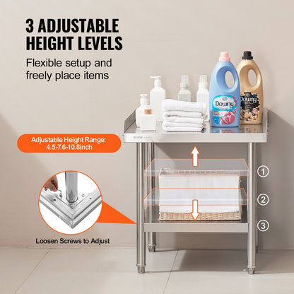 HET-24*24-3L - 24" Stainless Steel Work Table with Adjustable Height and Shelf