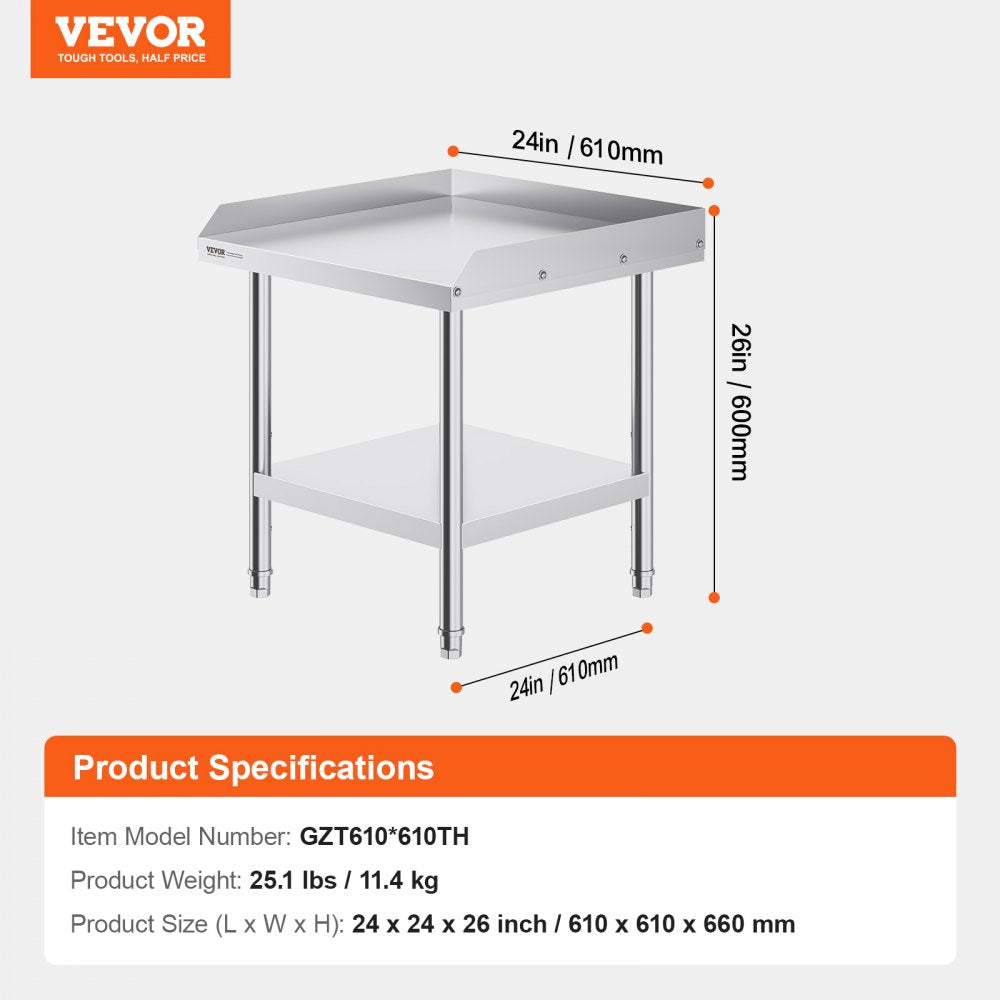 HET-24*24-3L - 24" Stainless Steel Work Table with Adjustable Height and Shelf