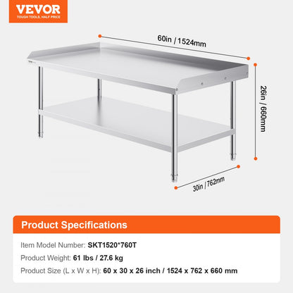 SKT1520*760T - 30x60 Inch Durable Stainless Steel Work Table for Busy Kitchens