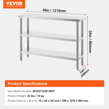 SCGZT1220*355T - 48"x34" Stainless Steel Work Table for Kitchens