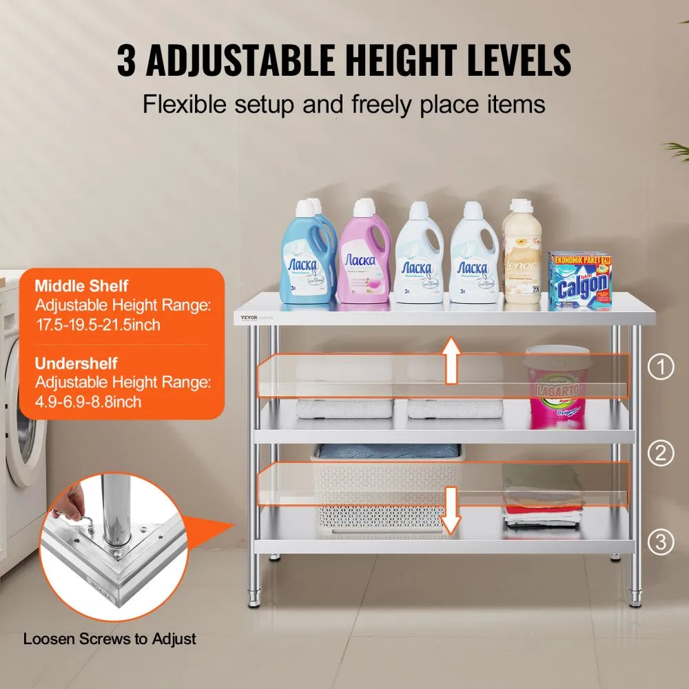 SCGZT1220*455T - 48"x18" VEVOR Stainless Steel Food Prep Table with Adjustable Undershelf