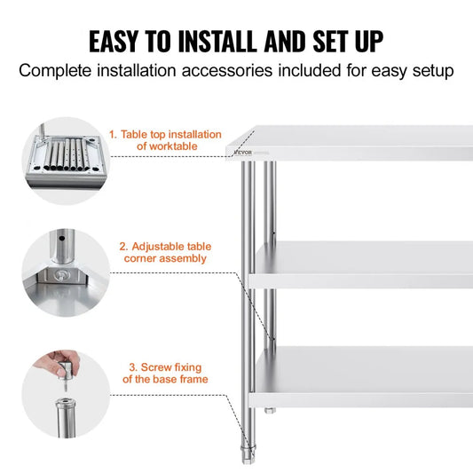 SCGZT1220*455T - 48"x18" VEVOR Stainless Steel Food Prep Table with Adjustable Undershelf