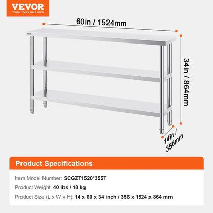 SCGZT1520*355T - 14x60x34 Inch VEVOR Stainless Steel Food Prep Table