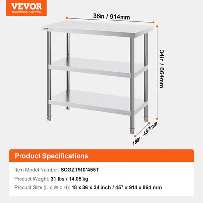 SCGZT910*455T - 34in Stainless Steel Prep Table for Kitchens & BBQs