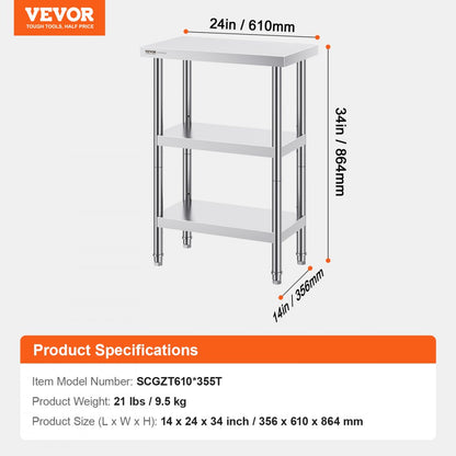 SCGZT610*355T - 34" Stainless Steel Food Prep Table with Adjustable Shelves