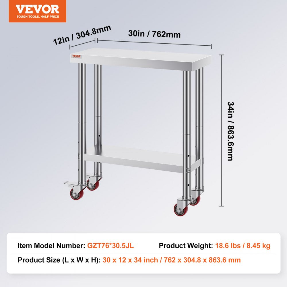 GZT76*30.5JL - Compact 30x12x34 Inch Stainless Steel Work Table