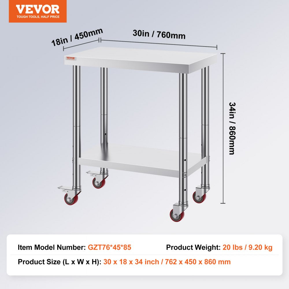 GZT76*45*85 - Durable Stainless Steel Worktable with 4 Wheels for Heavy Use