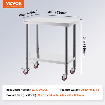 GZT76*45*85 - Durable Stainless Steel Worktable with 4 Wheels for Heavy Use
