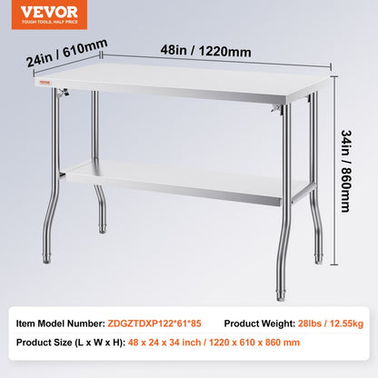 ZDGZTDXP122*61*85 - 48"x24" SUS201 Stainless Steel Folding Worktable