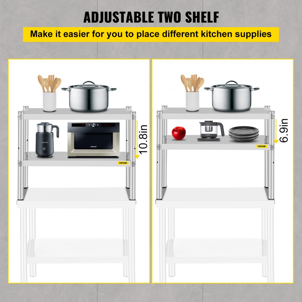 VV-SR-S-1230 - Stainless Steel Double Overshelf with Adjustable Storage Shelves