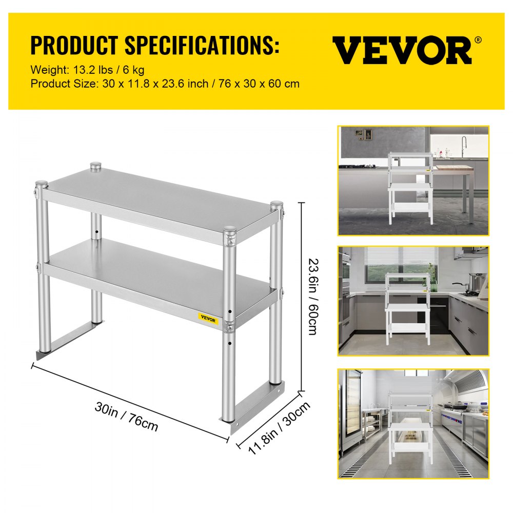 VV-SR-S-1230 - Stainless Steel Double Overshelf with Adjustable Storage Shelves