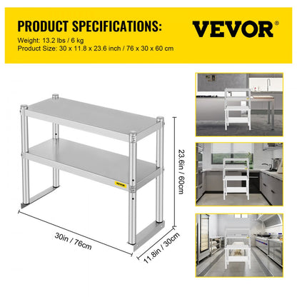 VV-SR-S-1230 - Stainless Steel Double Overshelf with Adjustable Storage Shelves