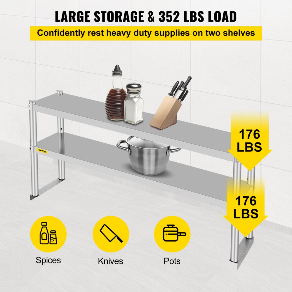 VV-SR-S-1248 - Stainless Steel Double Overshelf, Adjustable Shelves for Extra Storage