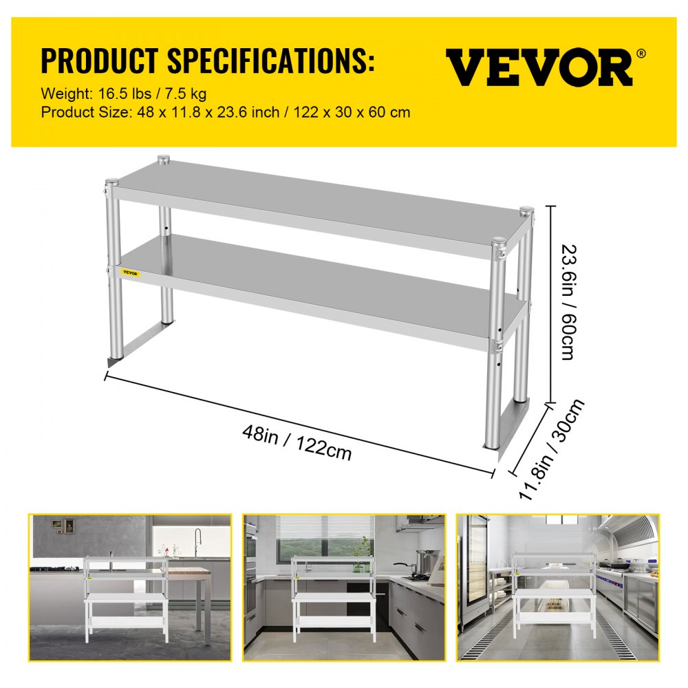VV-SR-S-1248 - Stainless Steel Double Overshelf, Adjustable Shelves for Extra Storage