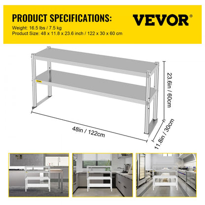 VV-SR-S-1248 - Stainless Steel Double Overshelf, Adjustable Shelves for Extra Storage