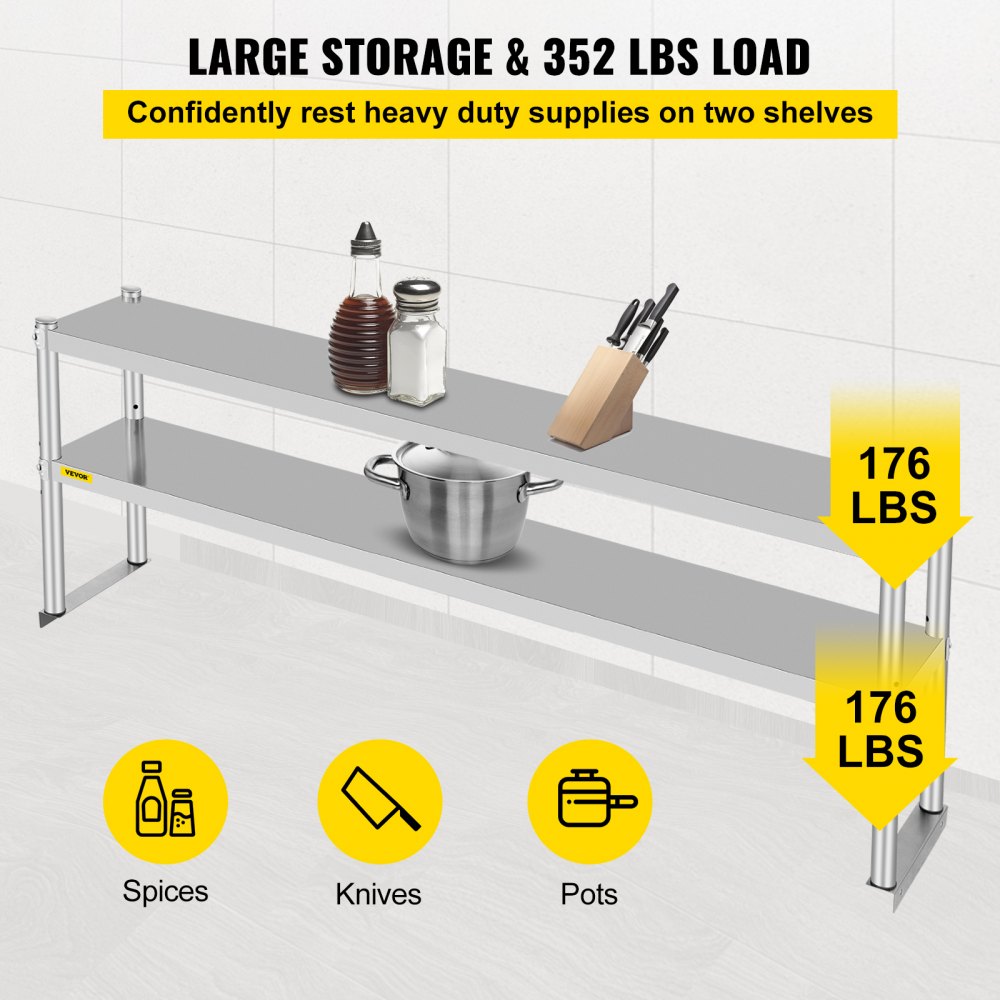 VV-SR-S-1272 - Adjustable Double-Tier Stainless Steel Overshelf, 352 lbs Capacity