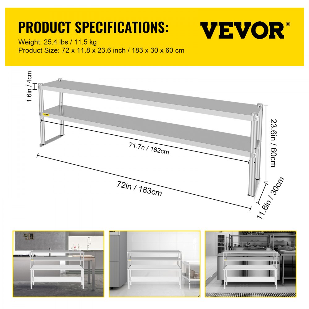 VV-SR-S-1272 - Adjustable Double-Tier Stainless Steel Overshelf, 352 lbs Capacity
