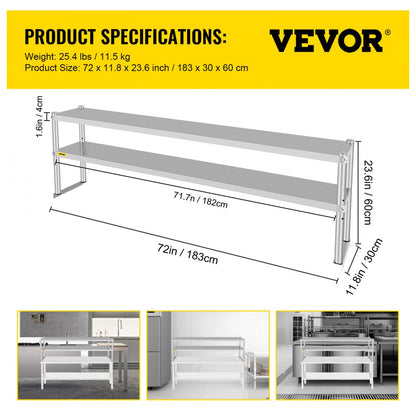 VV-SR-S-1272 - Adjustable Double-Tier Stainless Steel Overshelf, 352 lbs Capacity