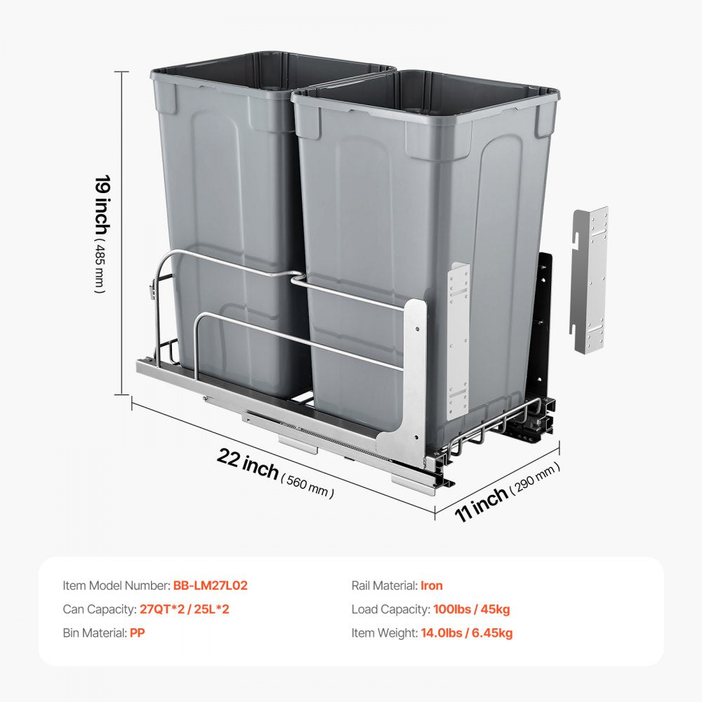 BB-LM27L02 - 27QT Double Pull-Out Kitchen Trash Can with Soft-Close Mechanism