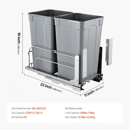 BB-LM27L02 - 27QT Double Pull-Out Kitchen Trash Can with Soft-Close Mechanism