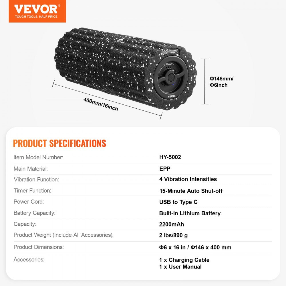 HY-5002 - Portable 6x16" Vibrating Foam Roller with 4 Vibration Levels