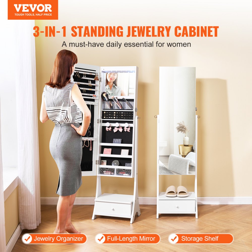 PY-2314SS - Full-Length Mirror Jewelry Cabinet with Lockable Storage and Organizer