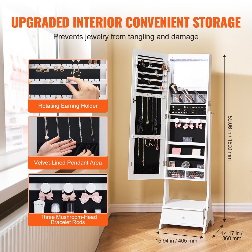 PY-2314SS - Full-Length Mirror Jewelry Cabinet with Lockable Storage and Organizer