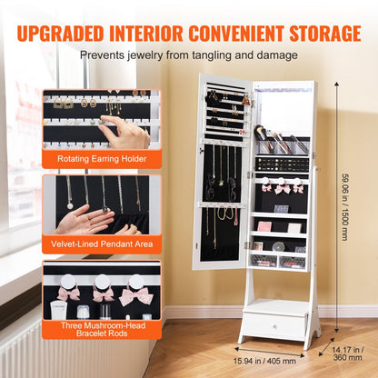 PY-2314SS - Full-Length Mirror Jewelry Cabinet with Lockable Storage and Organizer