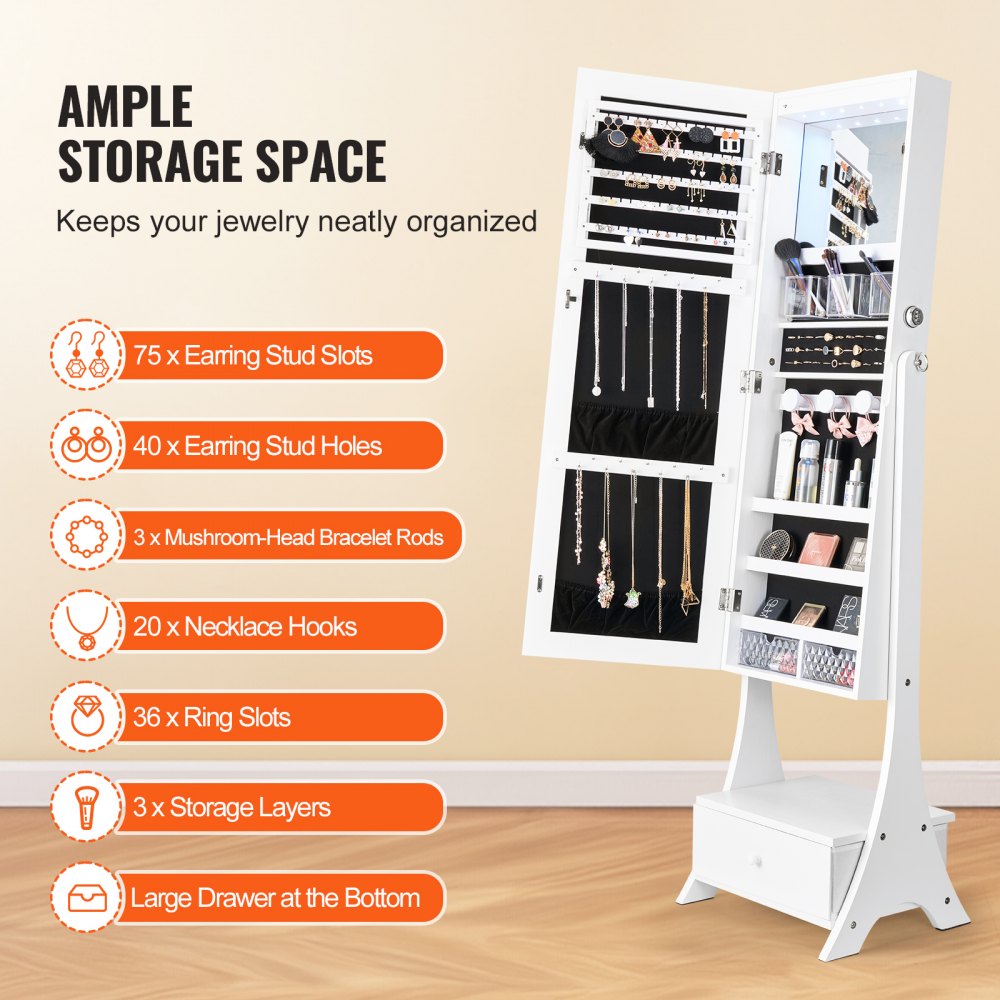 PY-2314SS - Full-Length Mirror Jewelry Cabinet with Lockable Storage and Organizer